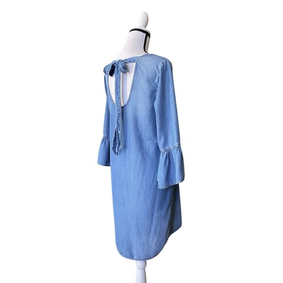 Cloth & Stone Anthropologie Chambray Dress Sz 3/4 Ruffle Sleeves Open Tie Back - Picture 8 of 16